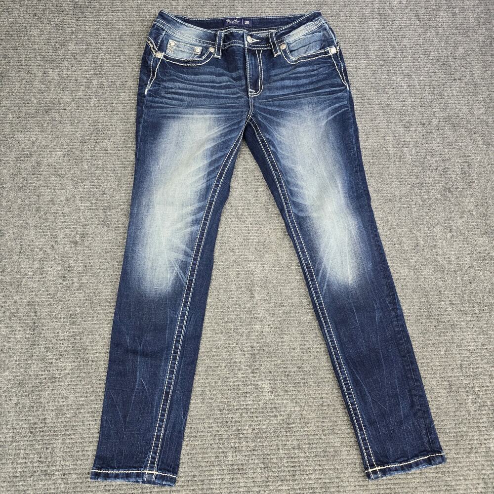 Miss Me Mid Rise Skinny Jeans Womens 30 Dark Wash Embellished Flap 30x29